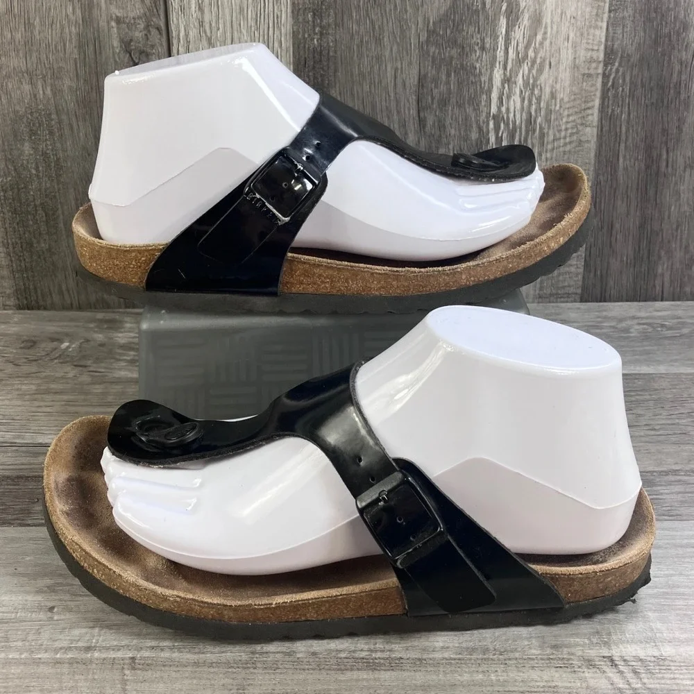Birkenstock Gizeh Black Patent Sandals EU 38 US Women 7 Thong T-Strap Cork